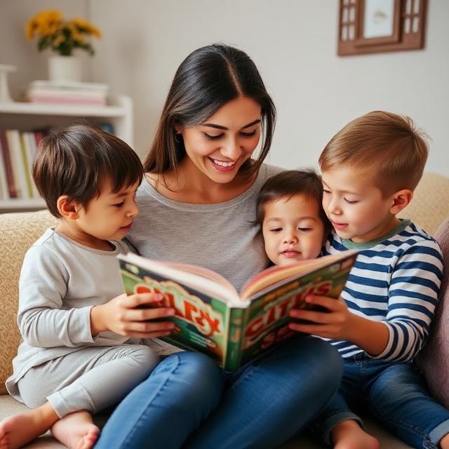 A smiling woman sitting on a couch reading a picture book to three young children.