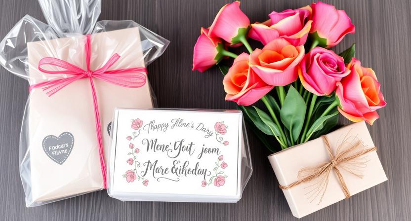 Mother's Day gift arrangement with a bouquet of pink roses, wrapped packages, and a greeting card.