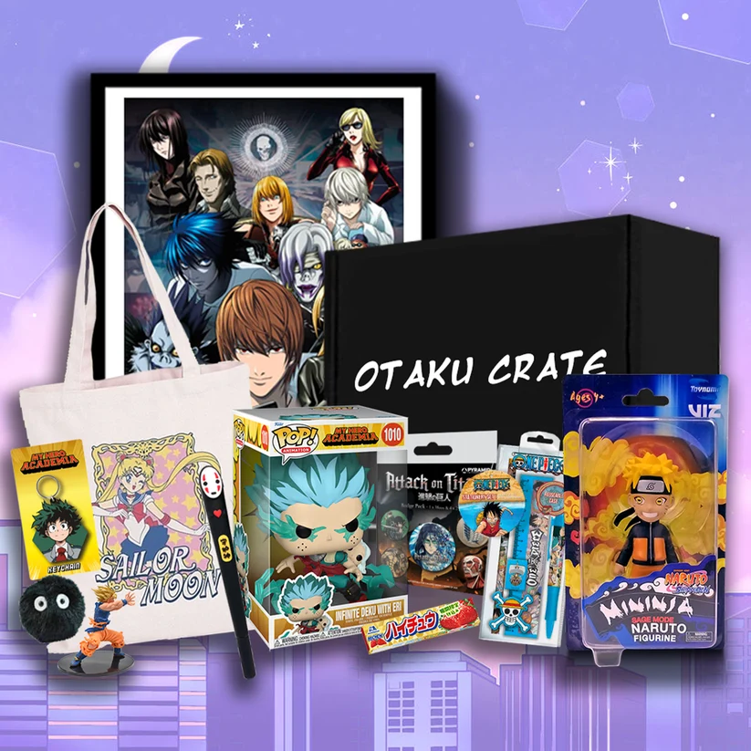 A collection of anime merchandise from an Otaku Crate subscription box, featuring popular characters from My Hero Academia, Naruto, Death Note, and Sailor Moon.