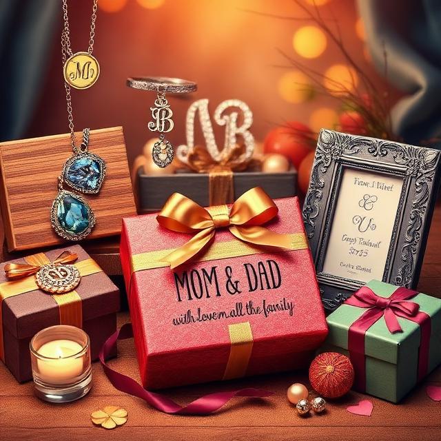 A collection of holiday gifts and jewelry, featuring a prominent red gift box with a gold bow labeled "MOM & DAD".