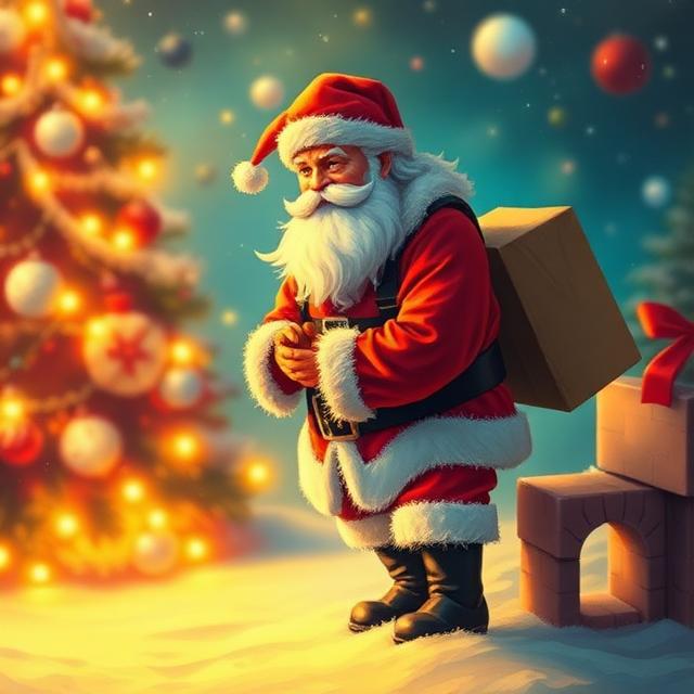 An illustration of Santa Claus carrying a large gift on his back next to a brightly lit Christmas tree.