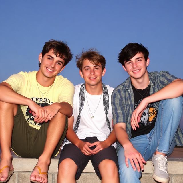 Three teenage boys sitting side-by-side on a stone ledge against a clear blue sky, smiling at the camera.