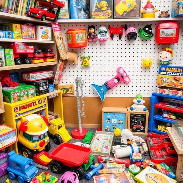 A cluttered playroom corner filled with a vast collection of retro and vintage children's toys on shelves, a pegboard, and the floor.