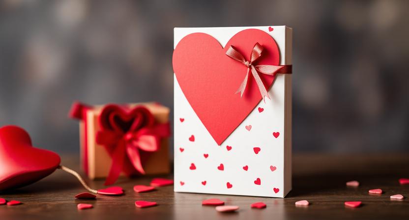 A beautifully wrapped white gift box decorated with a large red heart and tiny scattered hearts on a wooden table.