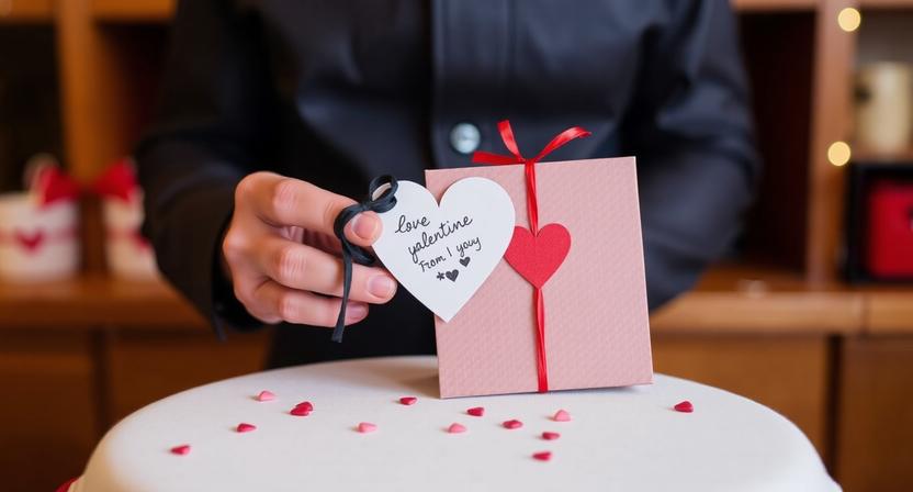 A person presenting a small pink Valentine's Day gift box with a heart-shaped tag that reads "Love Valentine."