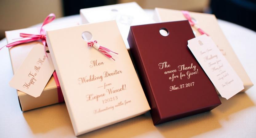 Elegant cream and burgundy personalized wedding favor boxes with gold foil typography.
