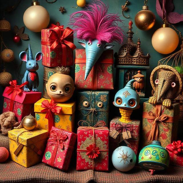 A colorful and surreal holiday display featuring uniquely patterned gift boxes mixed with strange, artistic creature figures and Christmas ornaments.