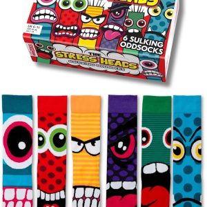 United Oddsocks "The Stress Heads" gift box featuring six mismatched socks with colorful, angry, and sulking monster cartoon faces.