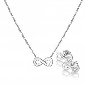 "A sterling silver jewelry set featuring a delicate cable chain necklace with an open infinity loop pendant and a matching pair of small infinity stud earrings, each accented with a tiny round-cut diamond."