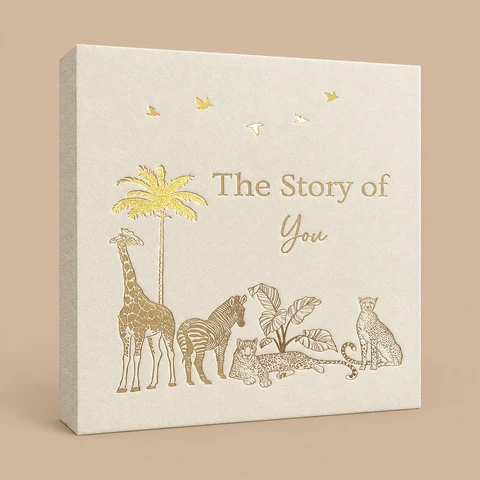 A cream-colored fabric baby memory book titled "The Story of You" with gold foil safari animals, shown standing at an angle against a beige background.