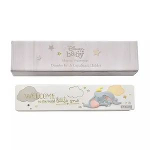 A white Disney Magical Beginnings Dumbo Birth Certificate Holder Box Set, featuring a rectangular hand-painted resin storage box and its corresponding gift presentation packaging.