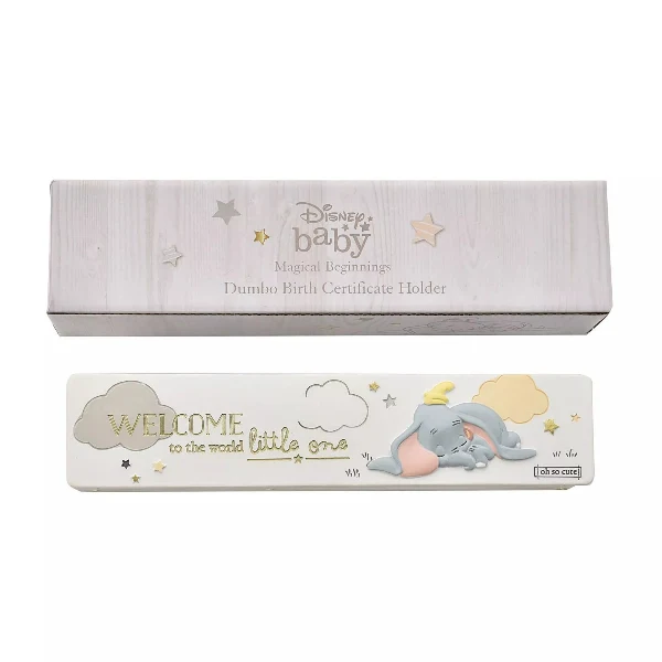 A white Disney Magical Beginnings Dumbo Birth Certificate Holder Box Set, featuring a rectangular hand-painted resin storage box and its corresponding gift presentation packaging.