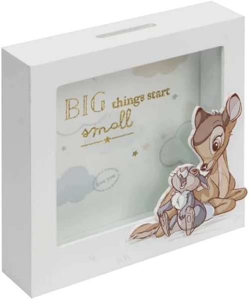 A white Disney Magical Beginnings Bambi Money Box, featuring a shadow box piggy bank design with a clear front panel and a 3D overlay of Bambi and Thumper.
