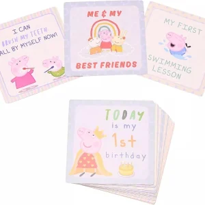 A fanned-out set of square Peppa Pig Milestone Cards displaying colorful character illustrations and celebratory childhood achievements like "Today is my 1st birthday."