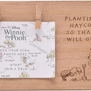 A wooden Disney Winnie the Pooh Baby Scan Frame featuring two small clothes peg clips holding a 4"x3" ultrasound photo placeholder next to an engraved quote and illustration of Winnie the Pooh.