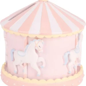 A soft pastel pink and white Hello Baby Carousel Money Box from Widdop and Co., crafted from smooth resin with 3D sculpted merry-go-round horses.