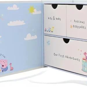 An open Peppa Pig baby keepsake box showing three storage drawers labeled "bits & bobs," "Precious Keepsakes," and "Our First Adventures" next to an illustrated interior panel.