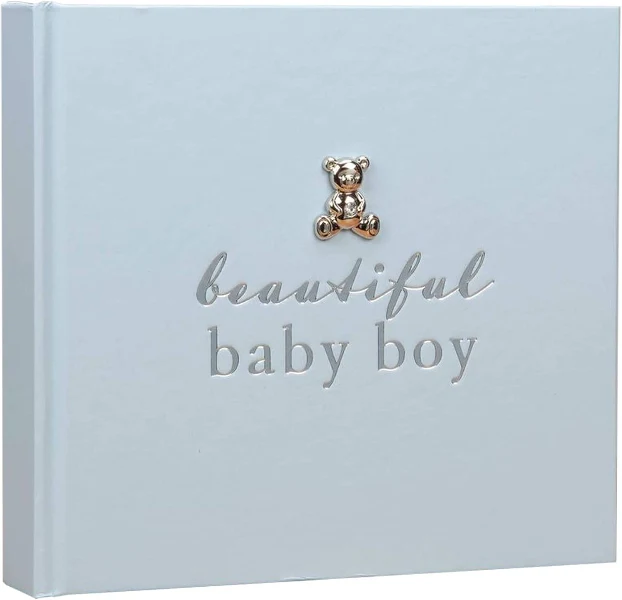 A light blue Bambino by Juliana "Beautiful Baby Boy" memory photo album featuring a small silver-plated teddy bear emblem encrusted with a clear crystal