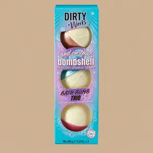 A vertical box of Dirty Works And On That Bombshell Bath Fizzers displaying three different dual-toned bath bombs.