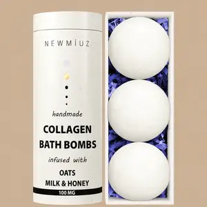 A NEW MIUZ Collagen Bath Bombs Gift Set with its white tube packaging next to a box containing three oats, milk, and honey bath fizzers.
