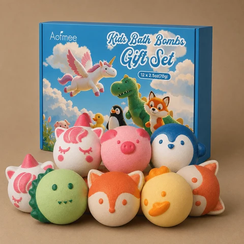 Aofmee Kids Bath Bombs Gift Set showing a blue box decorated with cartoon animals and several animal-shaped bath bombs arranged in front, including a pink pig, a green dinosaur, and an orange fox.