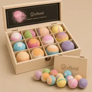 An open efloral Retro Wooden Box displaying a collection of colorful, multi-toned bath bombs.