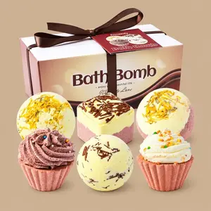 A Primeauty Dessert-Themed Bath Bomb Gift Set featuring cupcake-shaped and rounded bath fizzies alongside a tied gift box.