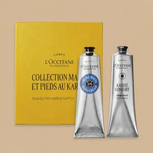 L'Occitane Shea Butter Hand & Foot Collection gift set, showcasing a hand cream tube and a foot cream tube next to a square yellow box.