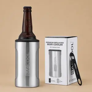 Barcool Premium Insulated Beer Cooler in stainless steel with packaging and a bottle opener.