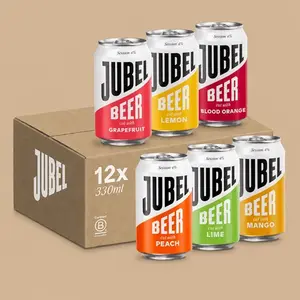 A 12-pack variety case of JUBEL fruit-cut lager beer showing six distinct colorful cans next to a cardboard shipping box.