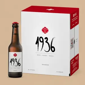 A 1936 Premium Swiss Lager 6-bottle gift box set featuring a single brown glass bottle standing next to its white and red presentation case.