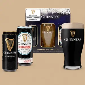 A Guinness Duo and Glass Gift Set featuring two distinct stout cans next to a branded pint glass filled with dark stout and a box pack.