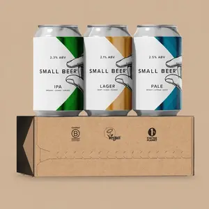 A Small Beer Brew Co. lower-alcohol variety pack featuring three distinct beer cans resting on top of a cardboard delivery box.
