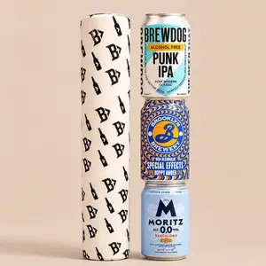 A Beerhunter Mixed Alcohol Free Tube Gift Set featuring a stack of three distinct non-alcoholic beer cans next to a branded white gifting cylinder.