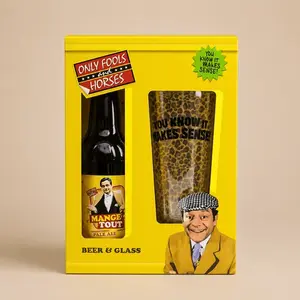 An officially licensed Only Fools and Horses Beer & Glass Gift Set in its bright yellow presentation packaging.