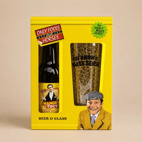 An officially licensed Only Fools and Horses Beer & Glass Gift Set in its bright yellow presentation packaging.