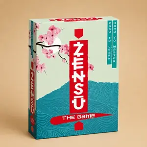 Box cover of Zensu board game featuring pink cherry blossoms and blue wave patterns.