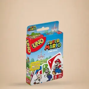 Blue and red Super Mario UNO card game box featuring illustrations of Mario, Luigi, and Toad.