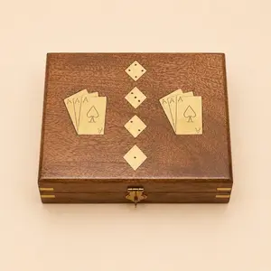 Polished rosewood card and dice box with decorative brass card and diamond inlays.