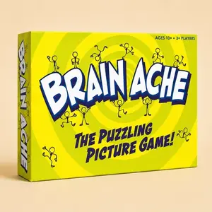 Bright yellow Brain Ache board game box featuring black stick figures and a green swirl pattern.