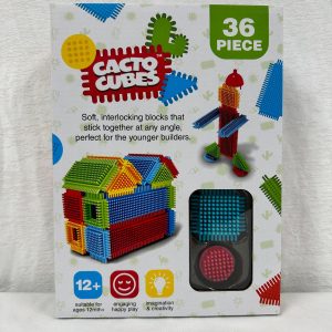 A boxed 36-piece Cacto Cubes construction toy set featuring soft, colorful interlocking bristle building blocks for children aged 12 months and older.