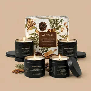 A WECONA 4-pack men's grooming scented candle gift set in black tins.