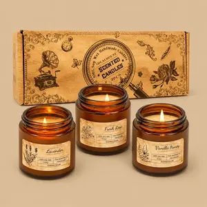 An IDEALHOUSE three-pack soy wax candle gift set in amber glass jars.