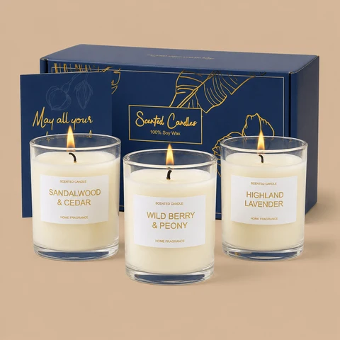 A three-pack soy wax glass jar candle gift set featuring lavender, berry, and sandalwood scents.