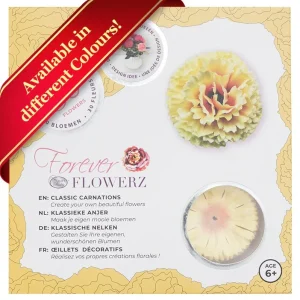 Product packaging for Craft Buddy Forever Flowerz "Classic Carnations" craft kit, featuring a yellow faux carnation sample and a clear window showing craft components.