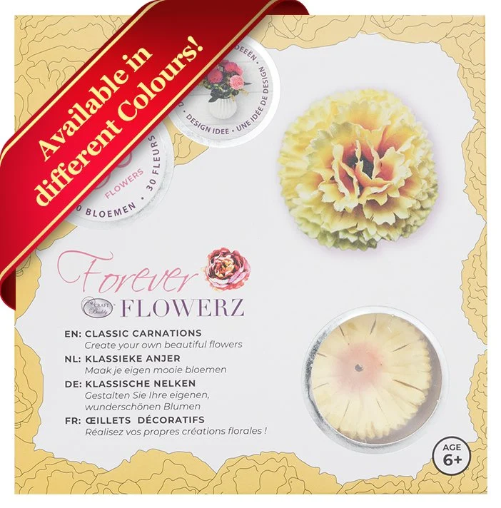 Product packaging for Craft Buddy Forever Flowerz "Classic Carnations" craft kit, featuring a yellow faux carnation sample and a clear window showing craft components.