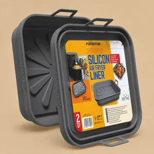 Portentum 2-piece reusable silicone air fryer liner set in charcoal grey. Includes square, heat-resistant collapsible liners with integrated side handles, shown with retail packaging on a neutral beige background.