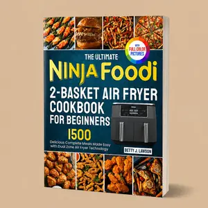 Front cover of "The Ultimate Ninja Foodi 2-Basket Air Fryer Cookbook for Beginners" by Betty J. Lawson. Features a dark blue-green backdrop, food photography grids, an illustration of a dual-zone air fryer, and prominent yellow text over a beige background.
