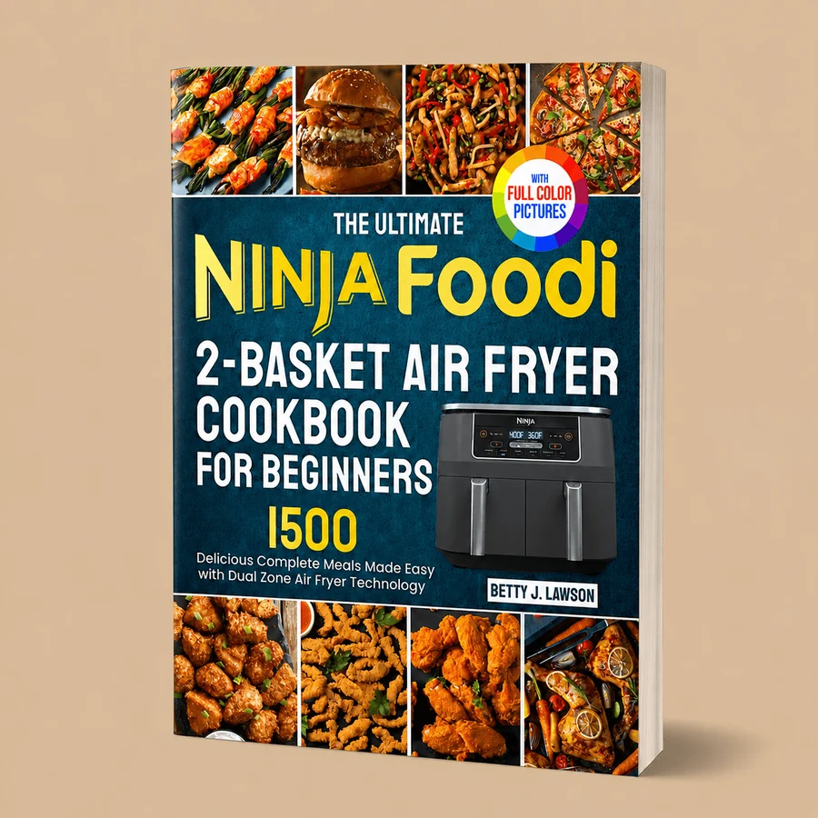 Front cover of "The Ultimate Ninja Foodi 2-Basket Air Fryer Cookbook for Beginners" by Betty J. Lawson. Features a dark blue-green backdrop, food photography grids, an illustration of a dual-zone air fryer, and prominent yellow text over a beige background.