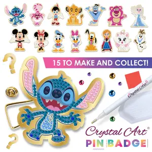 An advertisement graphic showing a completed blue and gold Stitch rhinestone pin badge alongside a collection of 15 different Disney character diamond art pins, a diamond painting tool, and loose crystals.